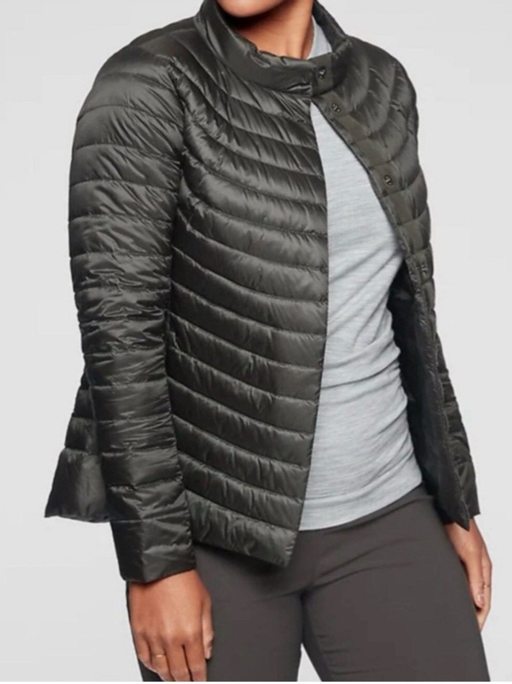 Athleta Downkind Jacket Goose Down Fill Puffer Arbor Olive Black XL